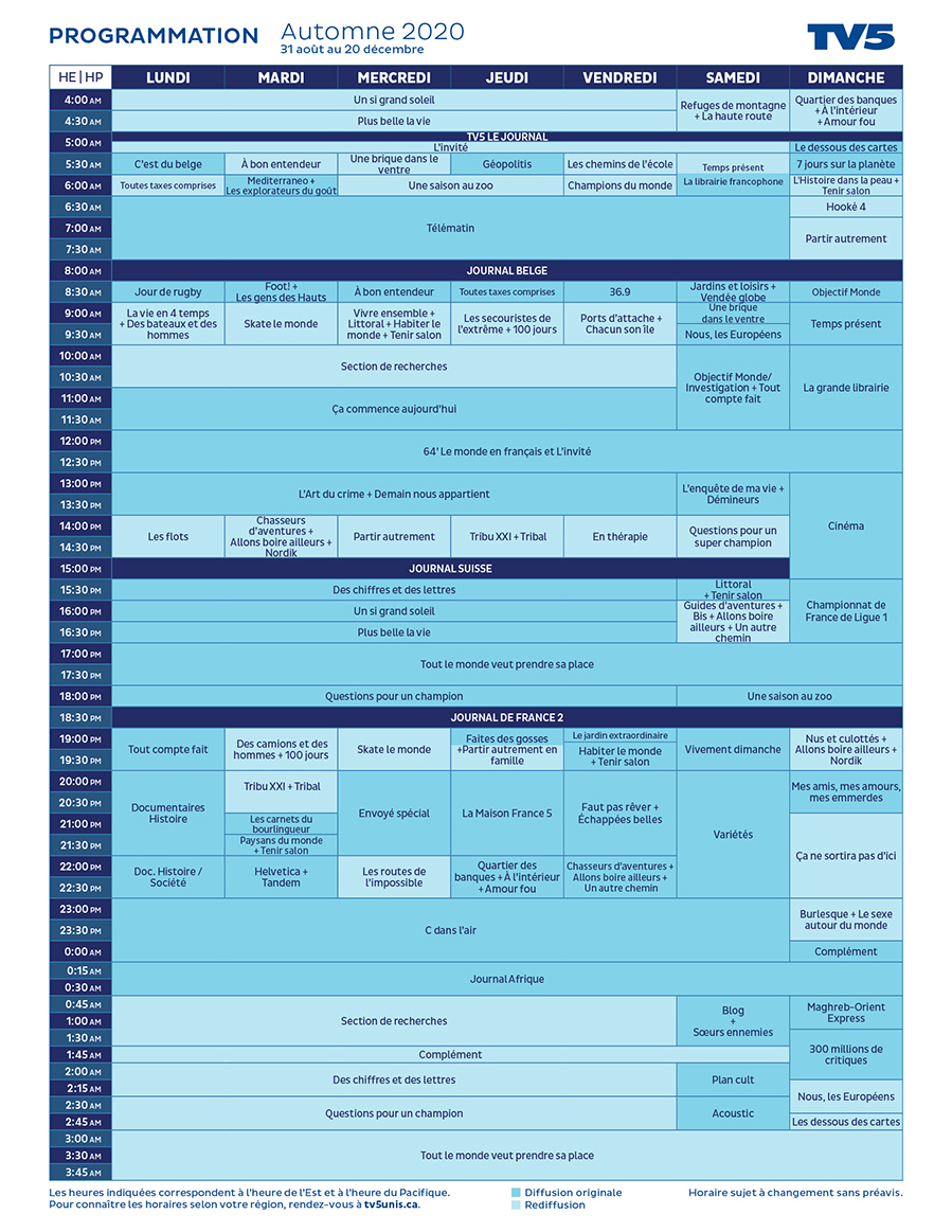 Automne 2020 Grille horaire TV5