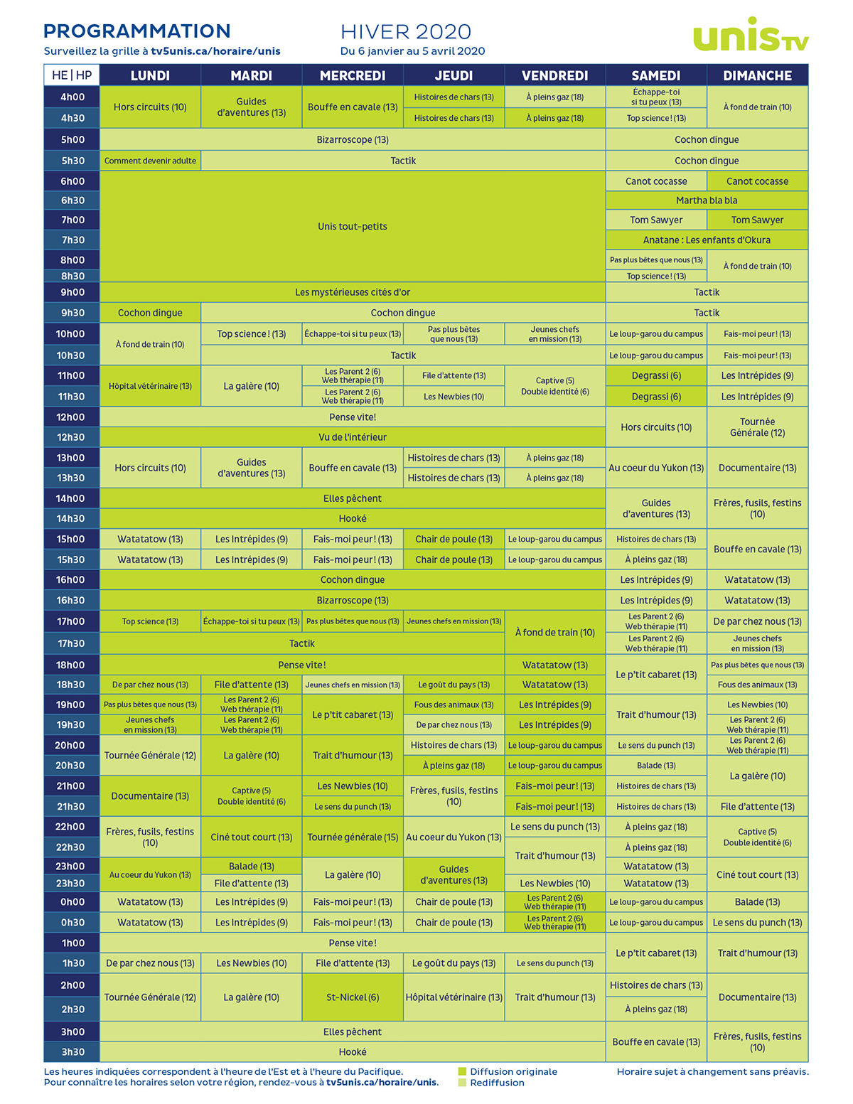 Hiver 2020 Grille horaire UnisTV